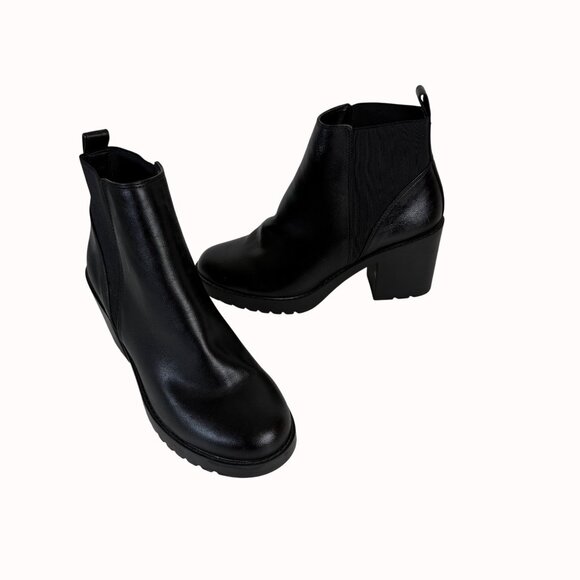 Divided Chunky Heel Ankle Boots Size 9.5 Biker Chic Black Platform Lug Shoe Edgy - Picture 12 of 16